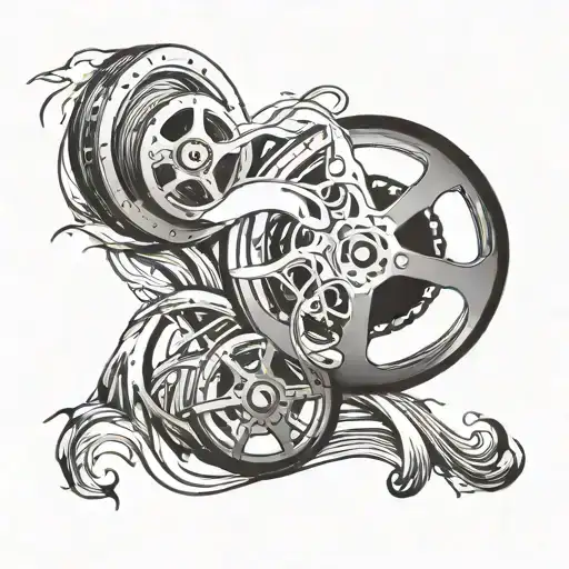 Film Reel Intertwined With Abstract Sea Waves Tattoo Design