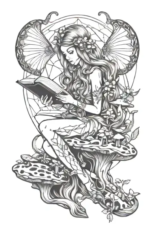 Fairy Sitting On Mushrooms Long Hair Tattoo Holding Open Book