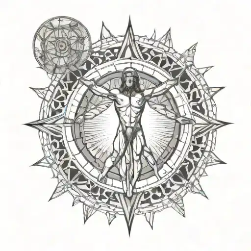 Sketchy Geometric Vitruvian Man Inside Sun