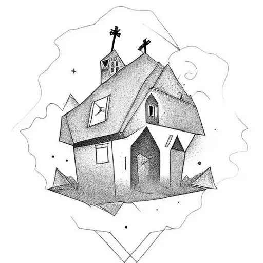 Mountain With Crucifix On Top Upsidedown House On Bottom