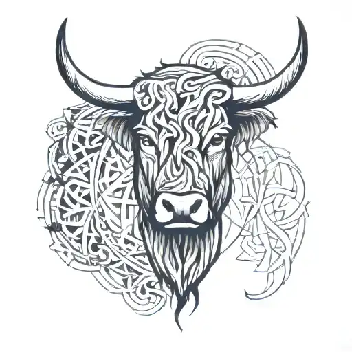 Triskele Symbol And Scottish Longhorn Highland Cow Head