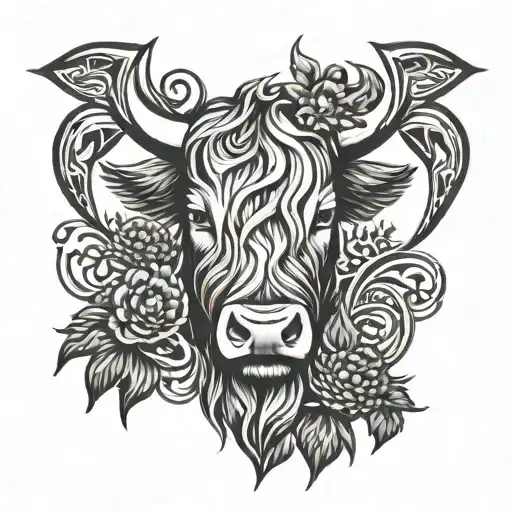 Triskele Symbol And Scottish Longhorn Highland Cow Head And Thistle
