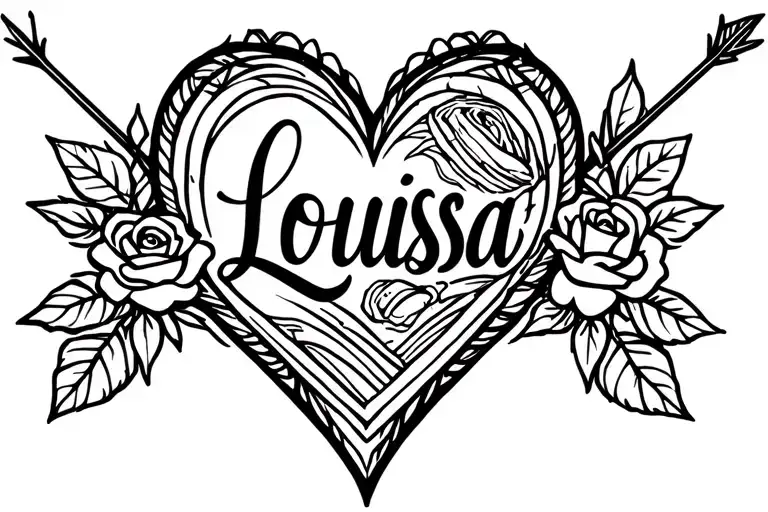 Louisa Name In Arrow Heart With Roses Around The Heart Lining - Heart To Be Diagonal