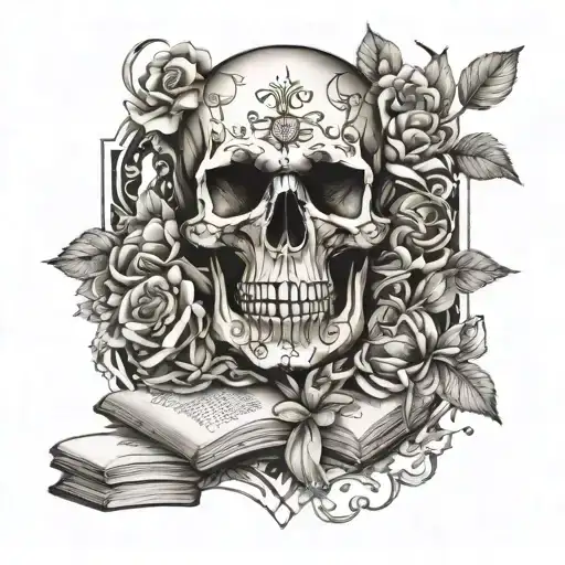 Skull And Books Surrounded By Florals