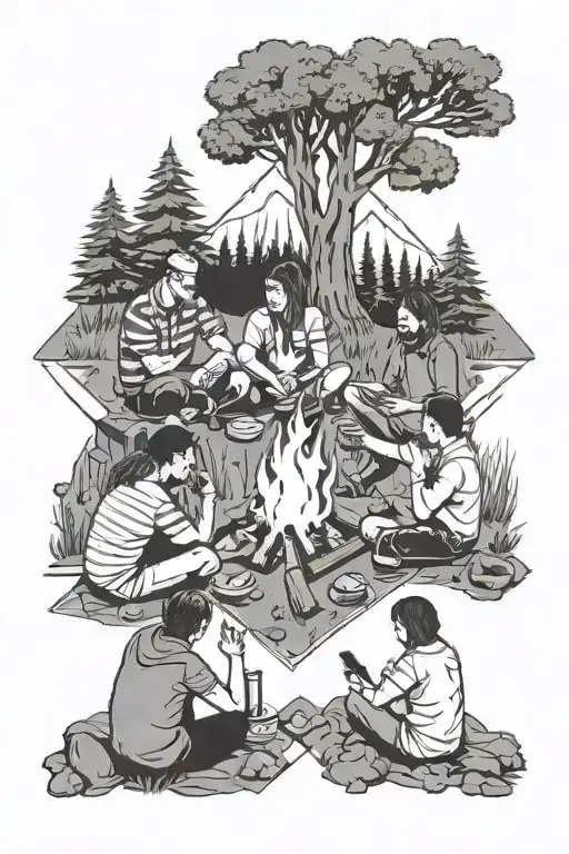 Friends Sitting Around A Campfire Surrounded By Trees