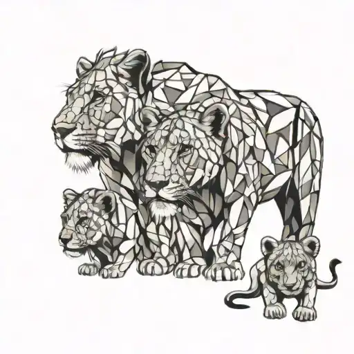 Lioness Mothers With Her Five Lion Cubs Face Only