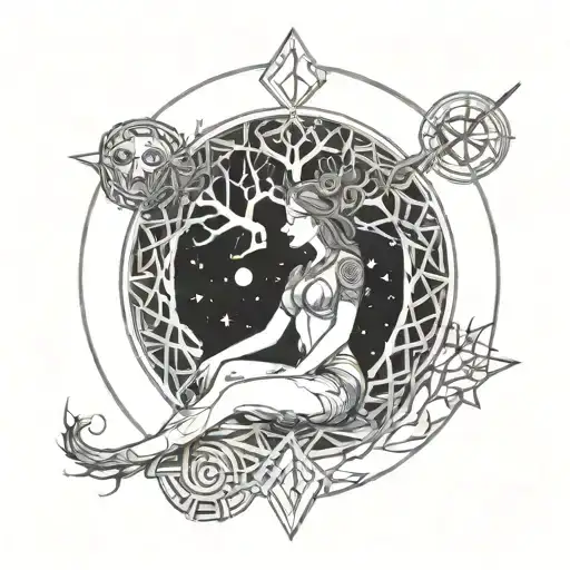 Demon Moon Goddess Sitting Under The Tree Of Life Intertwined