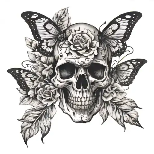 Black And Grey Skull And Butterfly With Minimalist Flowers