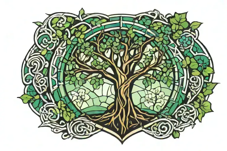 Stain Glass Irish Tree With The Number 6 Incorporated