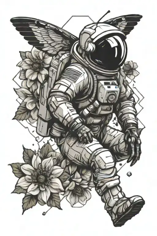 Astronaut With Bee Wings Around Flowers