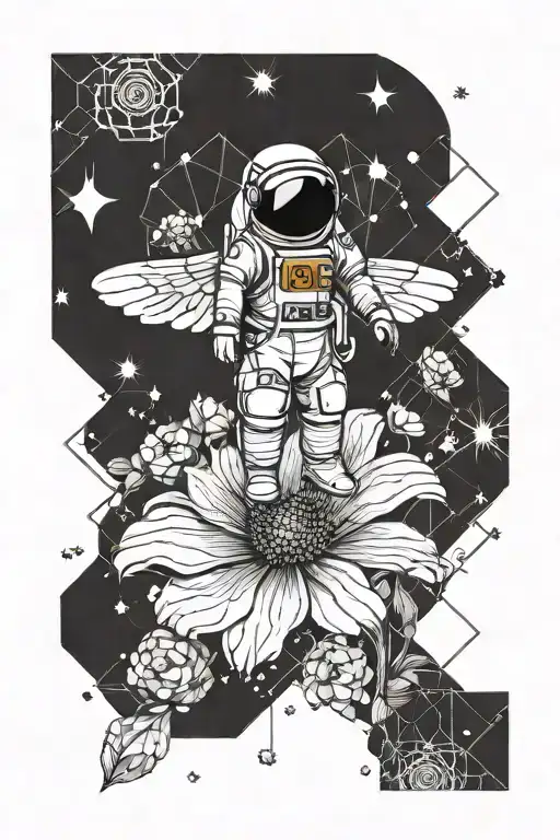 Astronaut With The Wings Of A Bee Flying Over A Flower