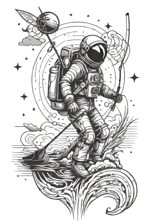 Spaceman Standing With A Fishing Rod In Water With The Night Sky Above Tattoo Design Idea