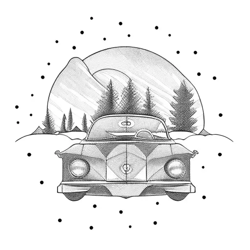 A Vintage Car Driving Through A Scenic Landscape With A Girl Sitting On The Hood