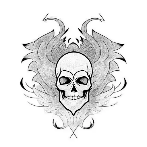 Skull With A Phoenix Tail Beneath
