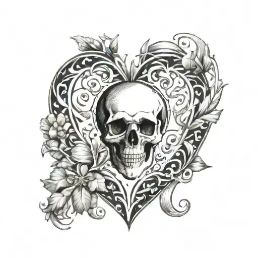Heart With William Morris Style Detail With Small Skull Victorian Style