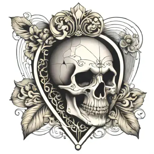 Small Skull Inside Heart Victorian Style Geo Patern