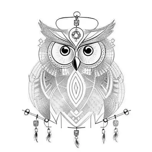 A Tattoo Of An Owl Wearing A Dream Catcher Necklace