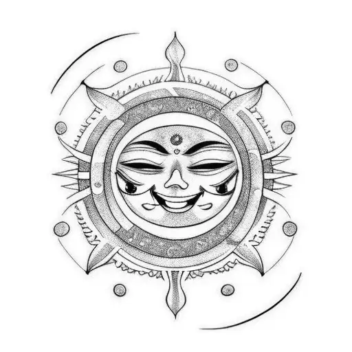 A Traditional Style Tattoo Of A Smiling Sun And A Crying Moon