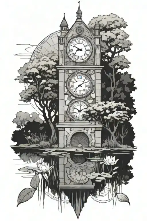 Clock Tower Nature Pond Trees Flowers