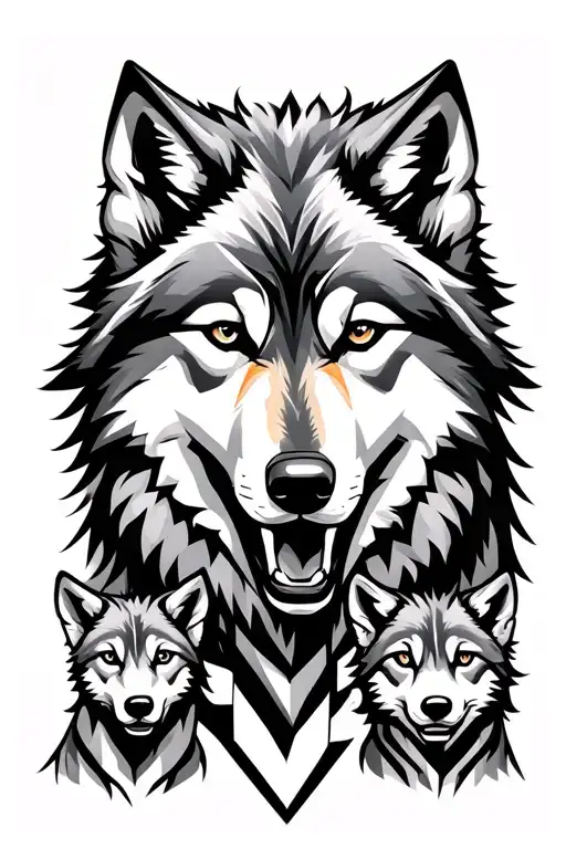Wolf With A Grin And Two Wolf Cubs