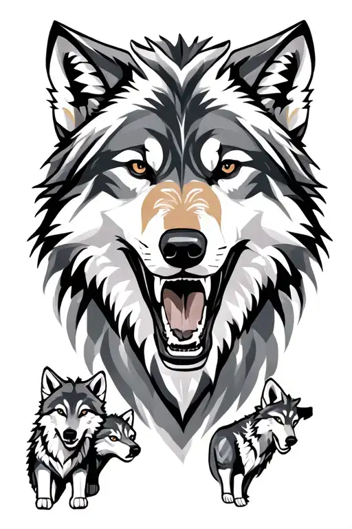 Wolf With A Grin And Two Wolf Cubs