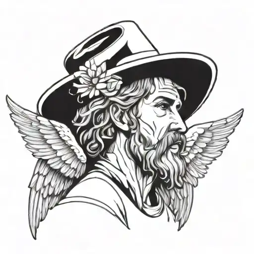 Outline Tattoo Of A Beardless Male Angel With Wings And Wearing A Straw Farmer's Hat