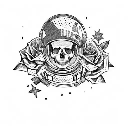 A Skull Of An Astronaut In Space Helmet And Roses With Planets And Stars In The Background