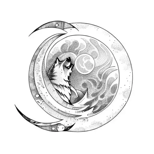 Ocean Wave With Moon And A Wolf