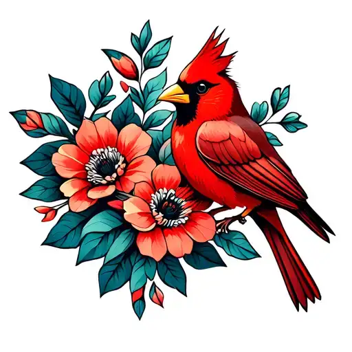 Flowers With Cardinal Bird And Flowers