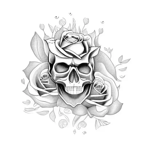 A Fine Line Skull With Roses Design