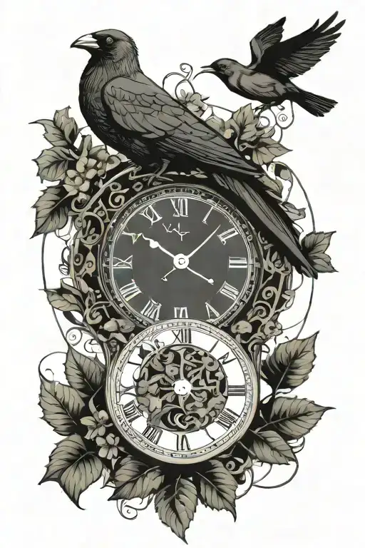 A Clock Surrounded By Ivy And A Jackdaw Carrying It On The Clock