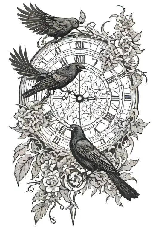 Two Jackdaws And A Large Clock Surrounded By Thorny Vines