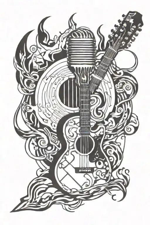 A Microphone And Guitar With Flames And Musical Notes Coming Out Of Them