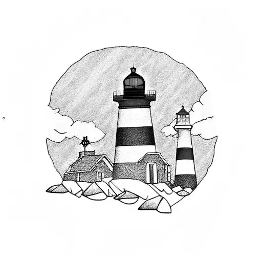 A Round Design With A Lighthouse With Two Cats Walking On It
