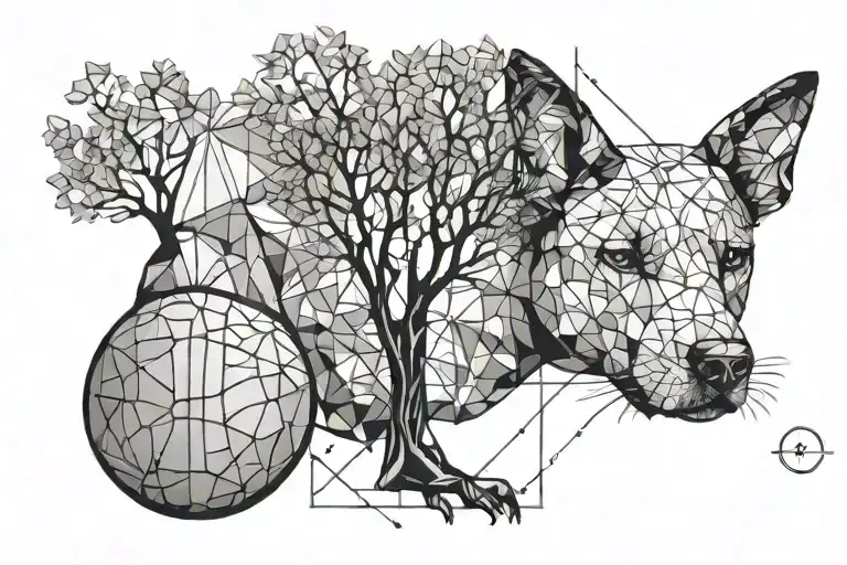 Realistic Geometric Tattoo That Combine A Tree A Dog And A Basketball