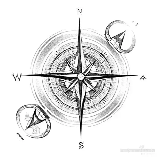 A Dotwork Design Of A Compass Rose Intertwined With Hiking And Swimming Symbols