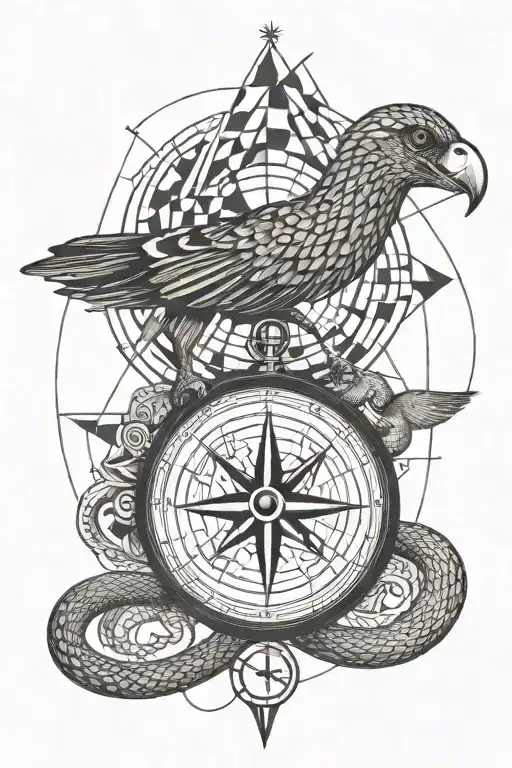 A Compass With A Snake And A Minimal Flying Crow