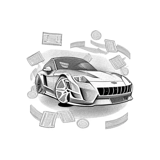 A Sleek Sports Car Racing Through A Stack Of Cash