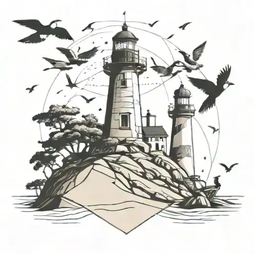 Lighthouse On Beach With Birds Flying