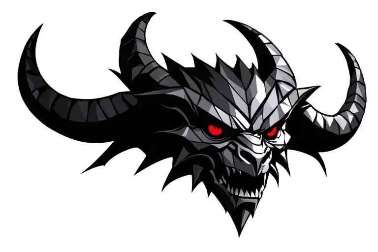 Front View Of A Black Gargoyle Head With Red Eyes And Big Long Horns Going Up