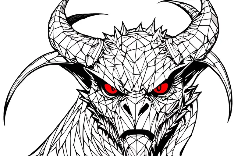 Front View Of A Black Gargoyle Head Looking Straight With Red Eyes And Big Long Horns Going Up