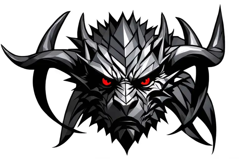 Front View Of A Black Gargoyle Head Looking Straight With Red Eyes And Big Long Horns Going Up