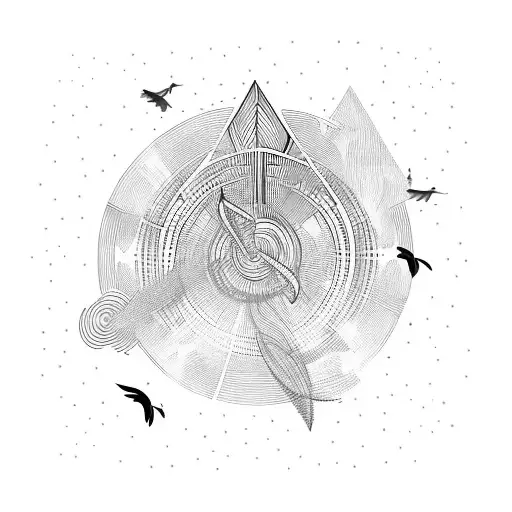 A Music Note Transforming Into A Flock Of Birds Flying Towards A Mountain Peak