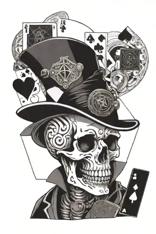 Skeleton With Magician Hat And Cards And Eight Ball