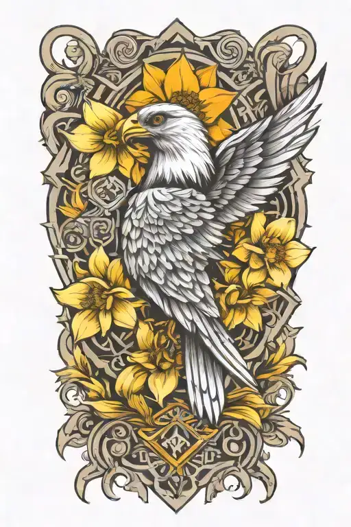 Flaming Hawk Surrounded By Daffodil