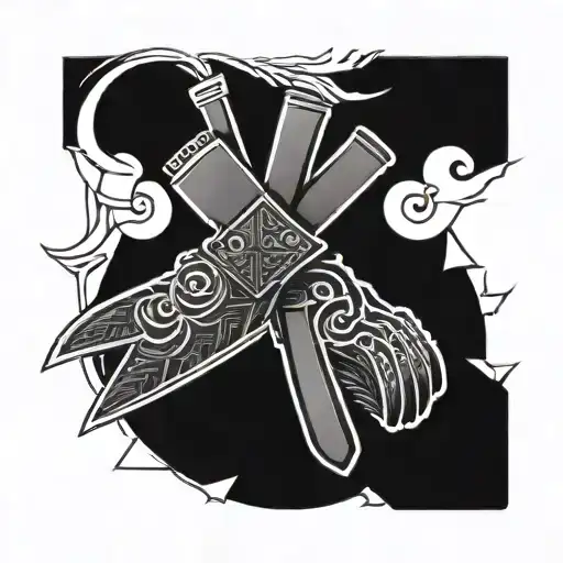 A Tattoo Design Combining A Chef Knife And Boxing Gloves Surrounded With Japanese Waves