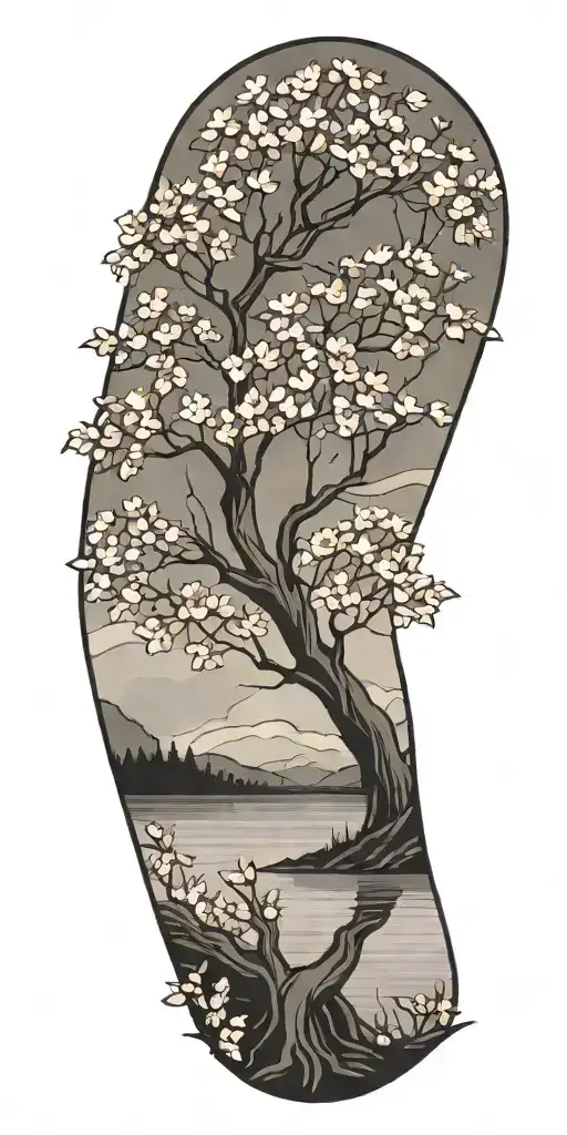 Cherry Blossom Tree At A Lake