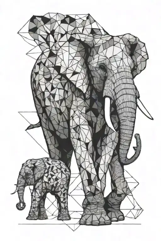 Black And White Drawing With An Elephant And Geometric Patterns