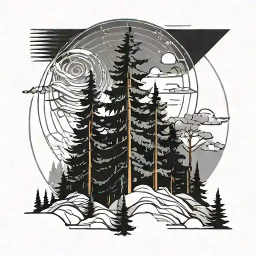 Pine Trees Landscape With Full Moon