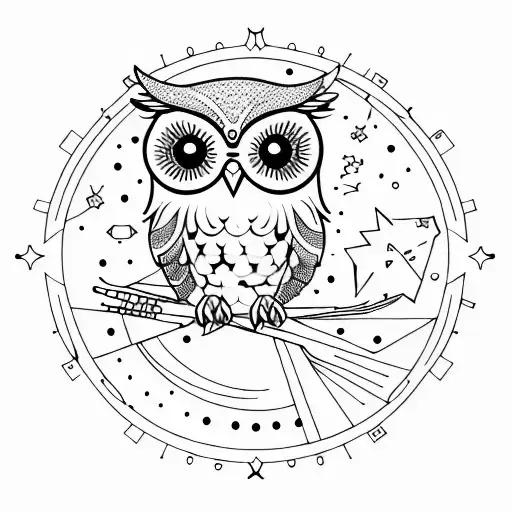 Small Wise Owl In Front Of Moon With Stars And Astrolabe Incorporated Into The Design